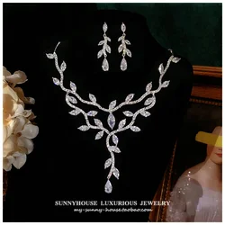 Leaf Shape Jewelry Sets For Women Shine White Cubic Zircon S925 Sterling Necklace Earring Set Party Wedding Accessories