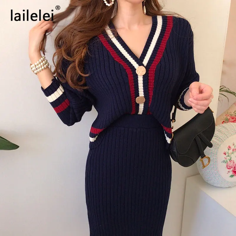 Chic bump color stripe edge v-neck knitting cardigan skirts two-piece outfit