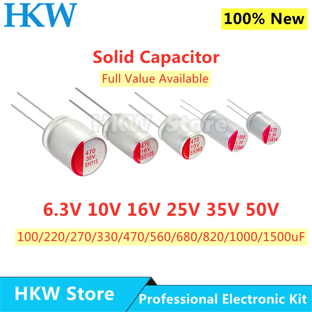 10pcs New DIP Solid Electrolytic Capacitor Super Low ESR 6.3V 16V 25V 35V 50V 100UF 270UF 470UF 220 330 560 680 UF 820UF 1000UF