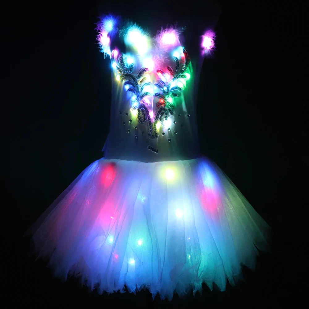 Luminoso ballet cisne lago led tutu véu traje adulto led ballet saia puff branco clássico led ballet saia vestido