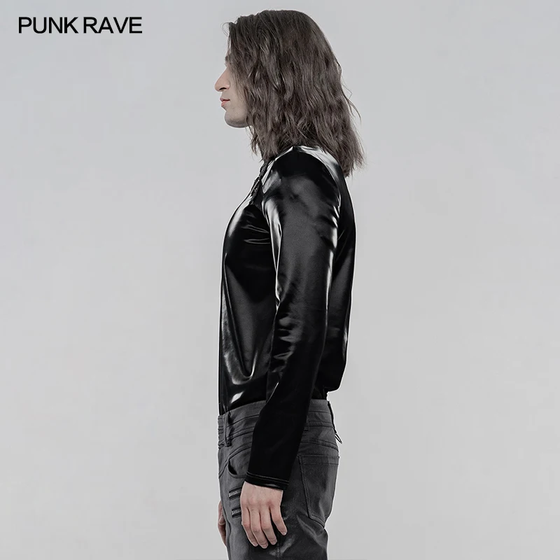 PUNK RAVE Men's Gothic Imitation Shark Skin Long Sleeve T-shirt Personality Handsome Punk Casual Black Tees Tops Streetwear