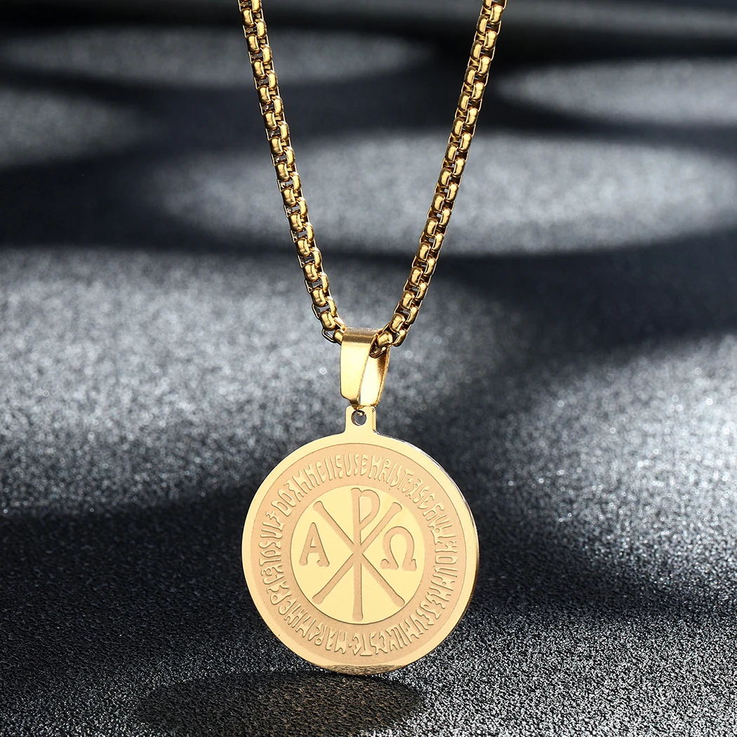 Kinitial Amulet Pendant Chi Rho Constantine Cross Necklaces Pendants Stainless Steel Symbol of Life Disc Necklaces Jewelry Gifts