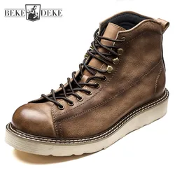 Genuine Leather Ankle Boots Men Lace Up Round Toe Work Safety Shoes Vintage Thick Platform High Top Winter Fleece Lining Boots