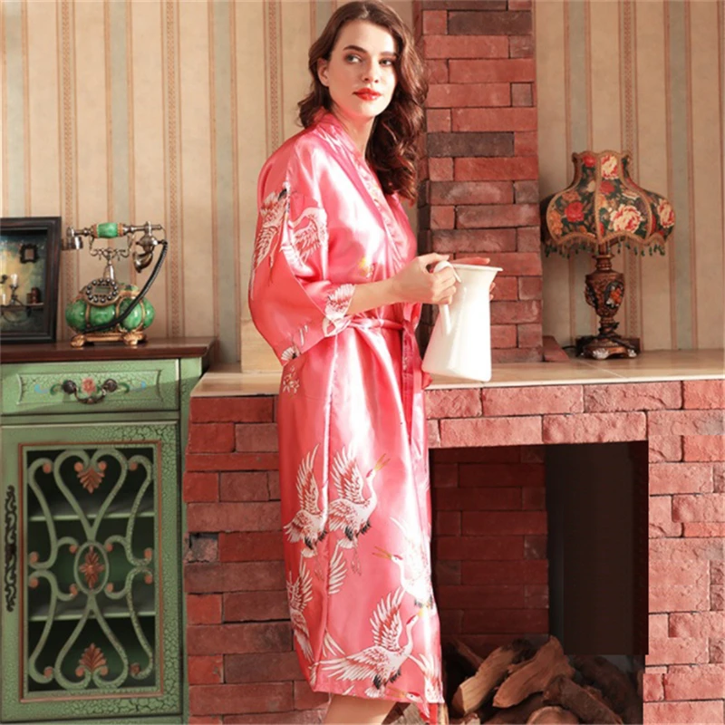 Japanese Style Long Loose Satin Peacock Woman Yukata Dress Pajamas Oriental Crane Kimono Haori Chinese Qipao Nightgown Robe