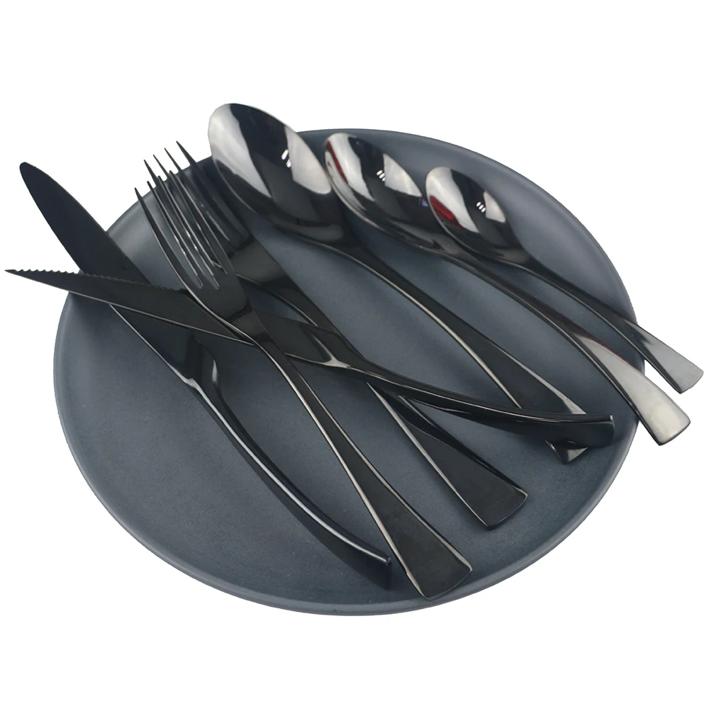 Black 7pcs Dinnerware Set Stainless Steel Kitchen Tableware Set Steak Knife Dessert Coffee Spoon Fork Cutlery Party Accessories