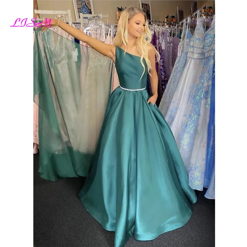 Deep Green Satin Lange Pageant Prom Dress One-schouder A-lijn Formele Jurken 2021 Robe De Bal Femme Longue