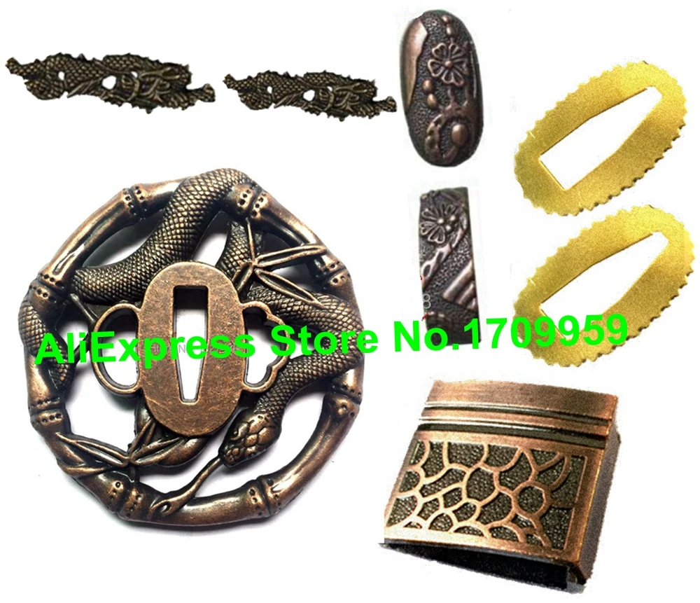 A Set Kirsite Metal Fittings Sword Snake Hand Guard For Katana/Wakizashi/Tanto Tsuba+Menuki+Fuchi+Kashira+Habaki+Seppa+Handle