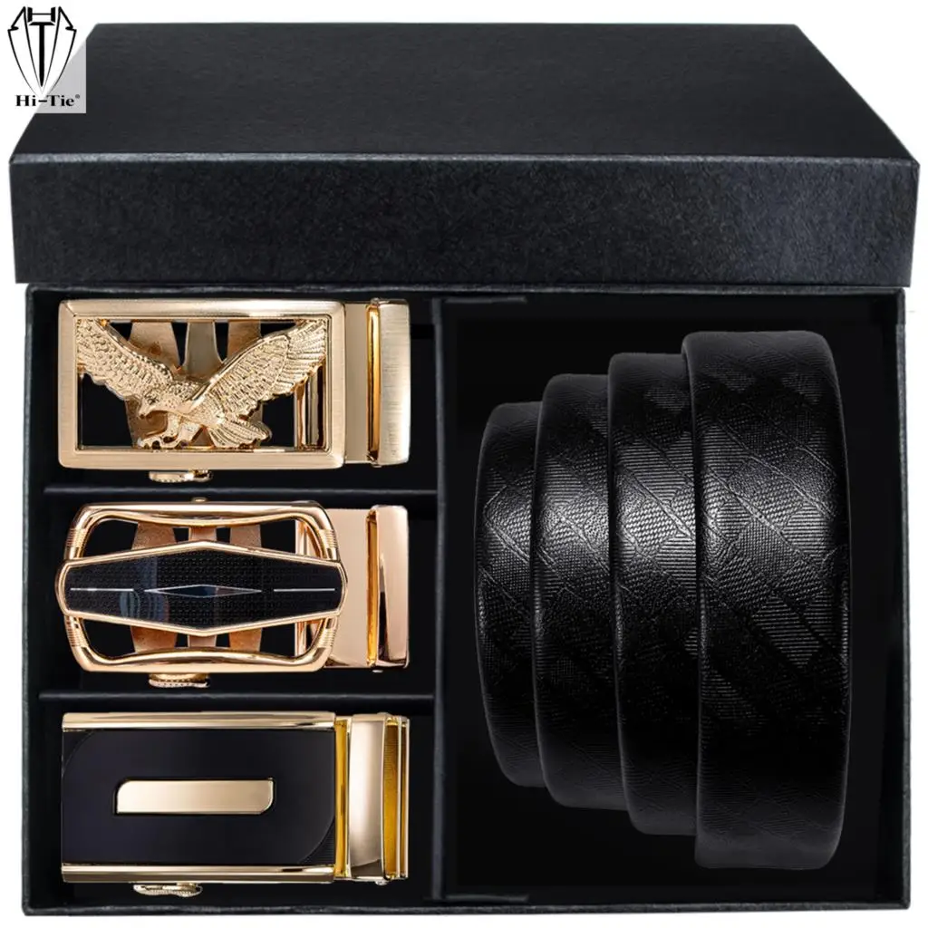 Luxury Boxed Black Genuine Leather Mens Belts High Quality 3 Automatic Buckles with One Ratchet Strap Set for Dress Jeans Gift