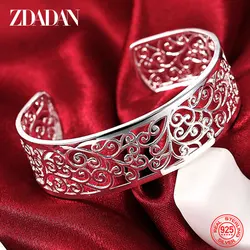 ZDADAN 925 Sterling Silver Hollow Out Texture Open Cuff Bracelet&Bangles For Women Men Party Jewelry Wedding Gifts