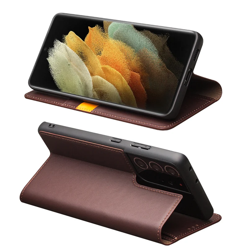 QIALINO Genuine Leather Bag Phone Case for Samsung S21+ Plus 5G Business Style Fashion Luxury Card Slots Flip Cover for S21Ultra
