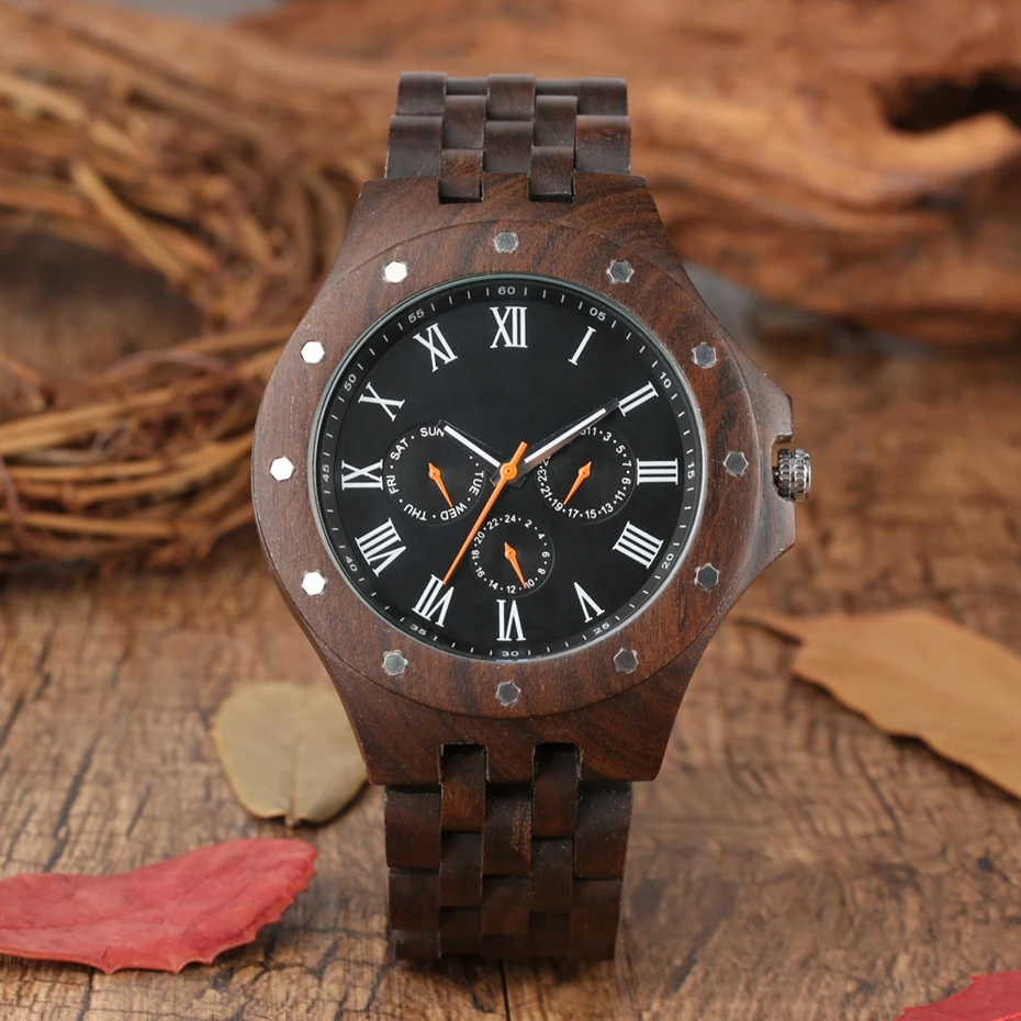 

Men's Watch Luxury Chronograph Wooden Quartz reloj para hombre Roman Numerals Dial Mens Wood Band Timepieces Male Clock Gifts