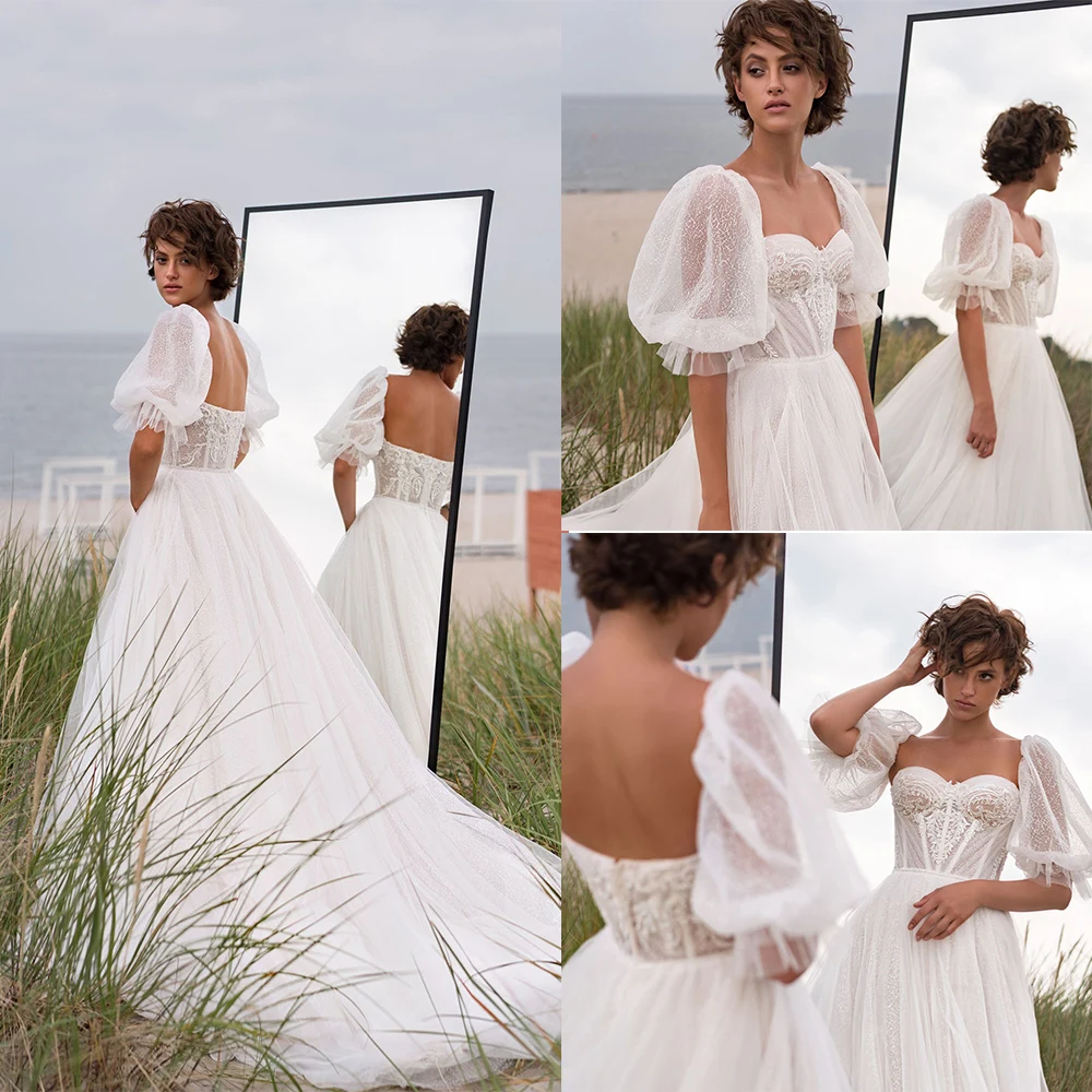 Vintage Afneembare Korte Puff Mouwen Trouwjurk Voor Vrouwen Tulle Kant Applicaties Sweetheart Brides Toga Robe De Mariee