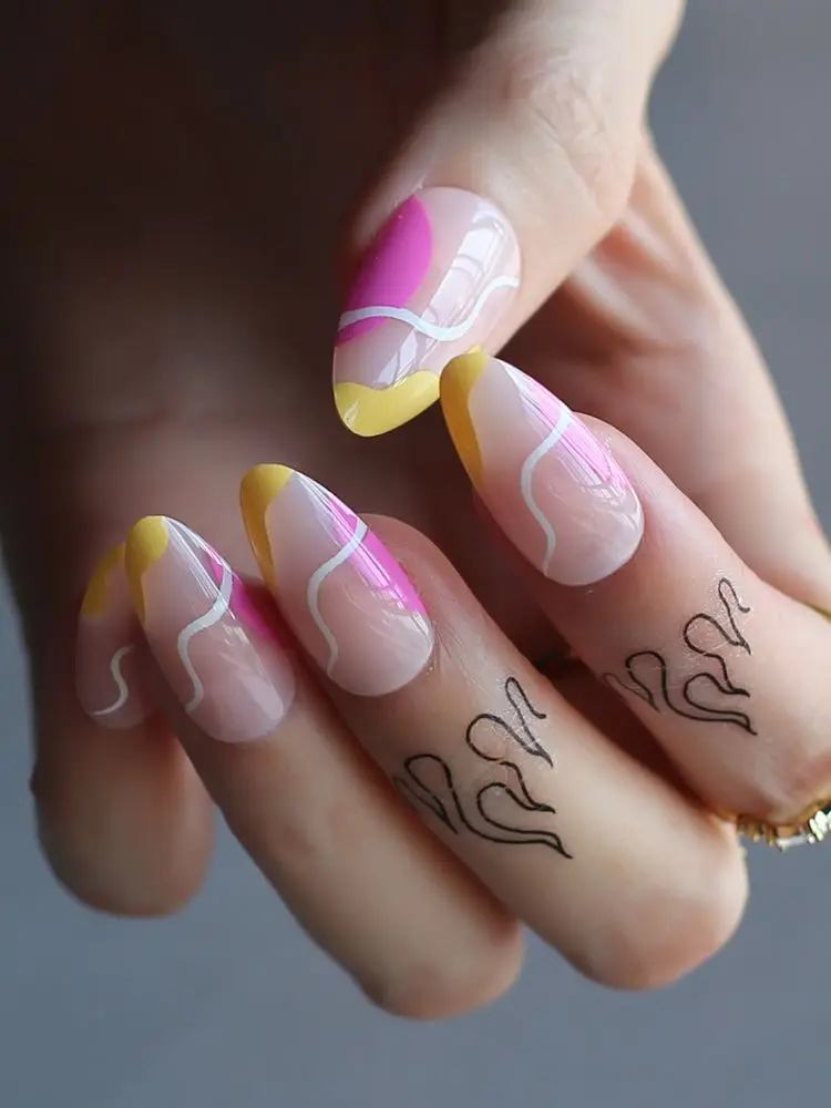 Faux ongles Stiletto avec tourbillon, jaune, rose, ambre, français, abstrait, Pastel
