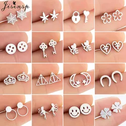 2024 Stainless Steel Earrings Women Silver Color Fashion Leaf Key Crown Fairy Earings Small Deathly Ear Studs Summer Pendientes