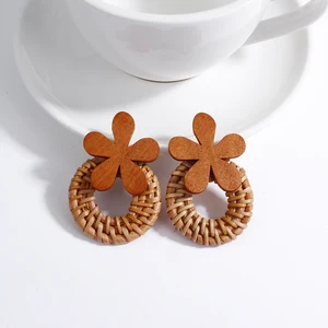 Aensaa Boho Made by Handmade Geometric Wood Rattan Brakthre 8 Main Ethnic Earrings Sales - №1