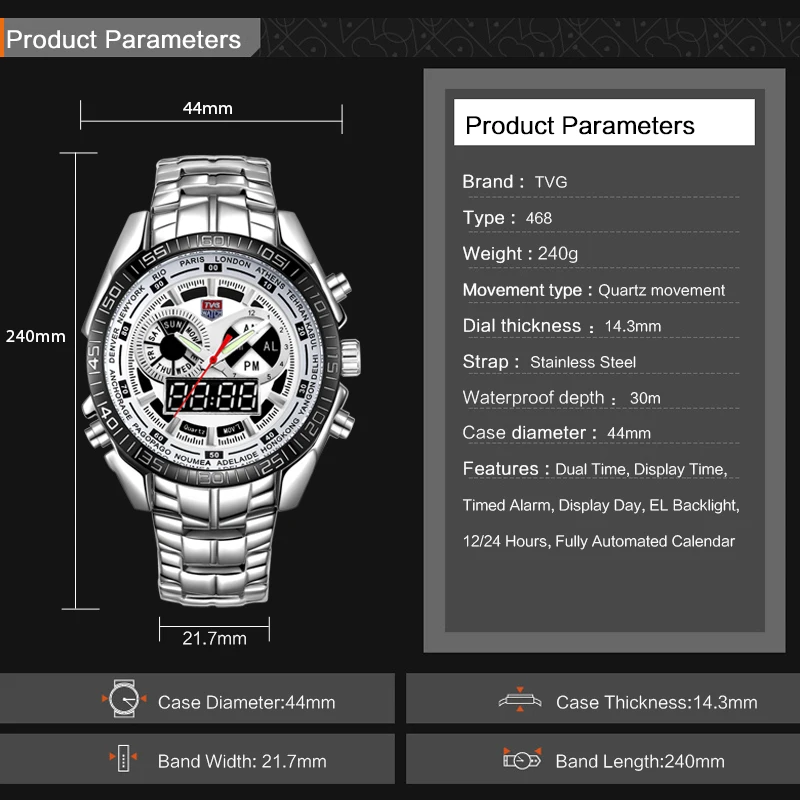 Men Watches Waterproof Quartz Watch Double Display Sport TVG Brand Digital LED Military Writewatch Stainless Steel Male Clock