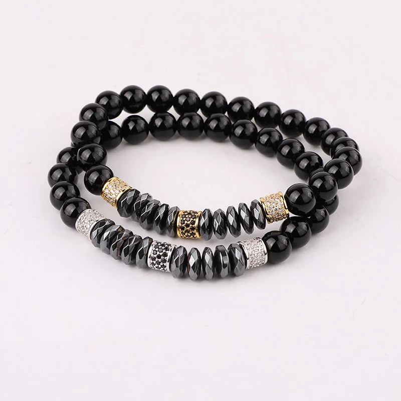 

JARAVVI Natural Stone CZ Pave Charm Onyx Elastic Beads Bracelet Set Men Jewelry Gift