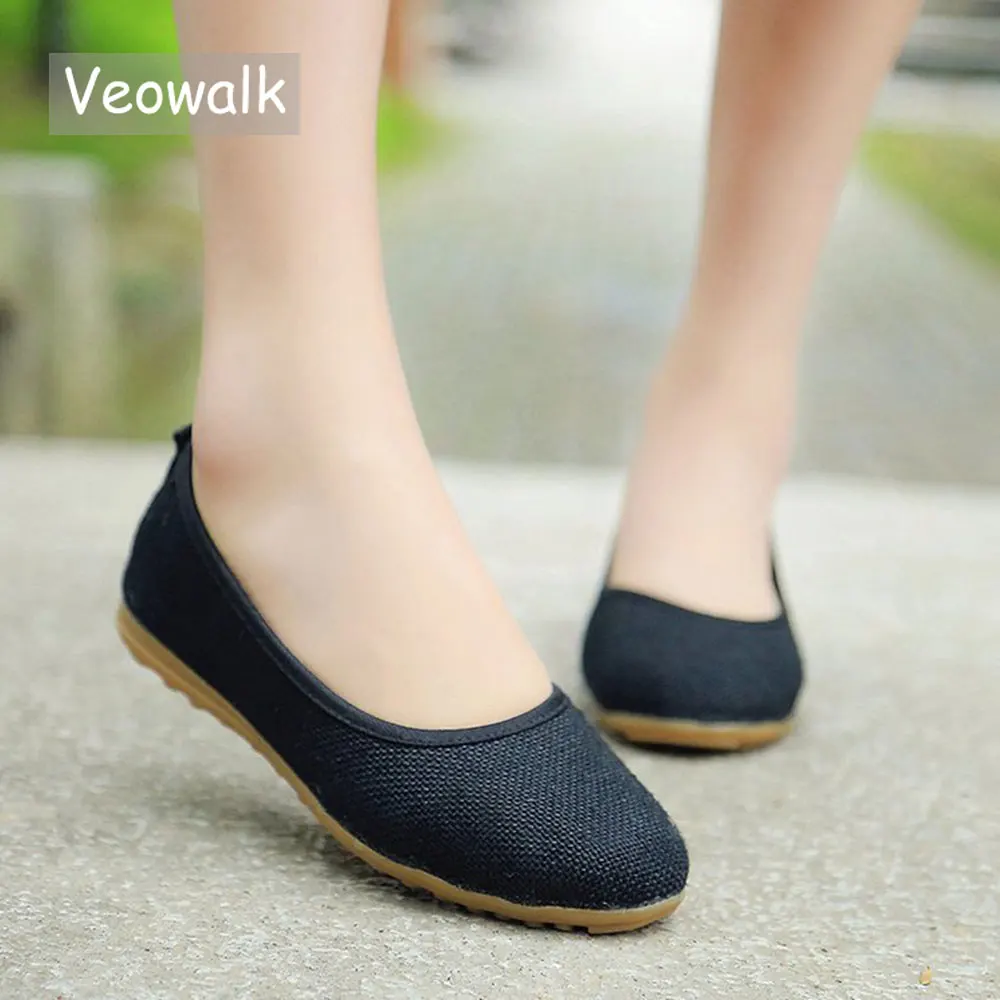 Veowalk Handmade Retro Women's Casual Cotton Ballet Flats Ladies Soft Comfort Linen Slip-on Old Beijing Shoes for Teacher