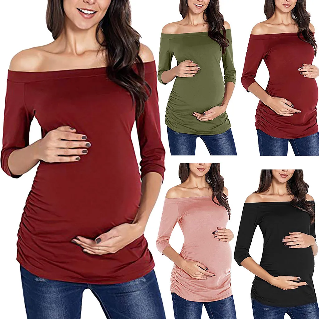 Top de maternidad con hombros descubiertos para mujer, ropa de mamá, camiseta de embarazo con cuello acanalado lateral favorecedor