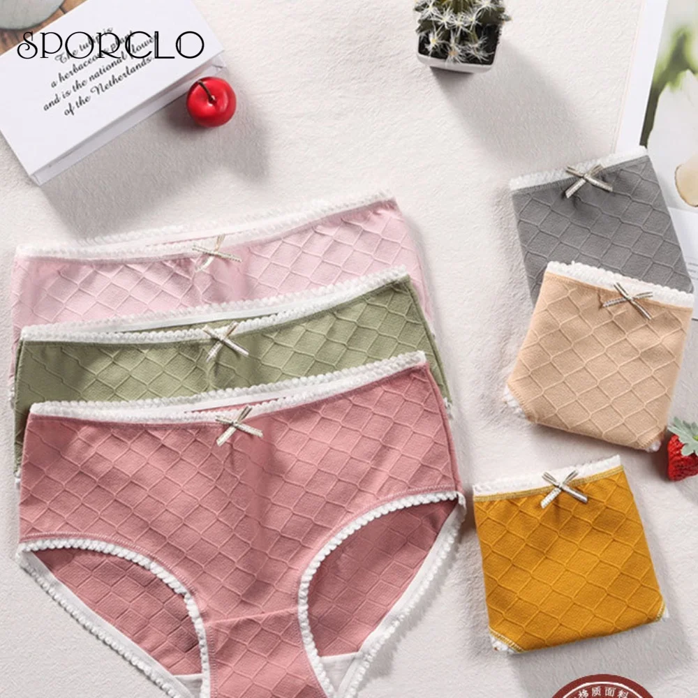

SPORCLO 1 PC Cute Bowknot Cotton Underwear For Women M-XL Lace Bow Panties Soft Mid Waist Briefs 6 Solid Color Female Lingeries