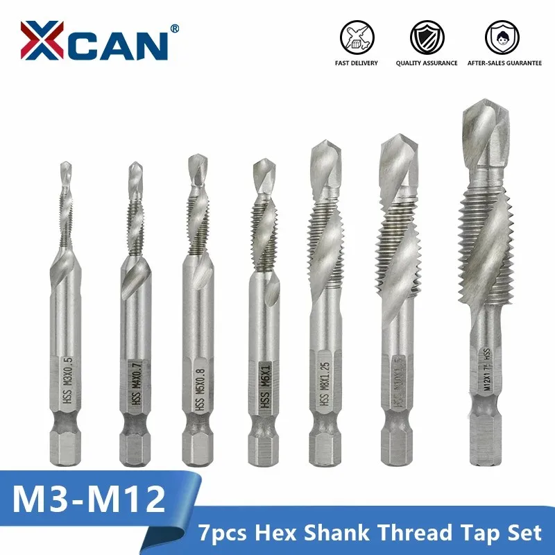 XCAN Hex Shank Tap Metrik Gabungan Tap dan Drill Spiral Flute HSS Thread Screw Tap Threading Tool M3 M4 M5 M6 M8 M10 M12