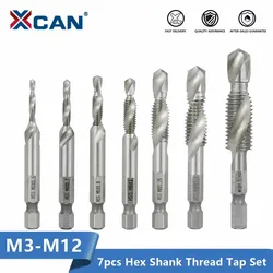 XCAN-Torneira métrica de haste sextavada, torneira e broca combinadas, flauta espiral, parafuso de rosca HSS, ferramenta de rosqueamento, M3, M4, M5, M6, M8, M10, M12