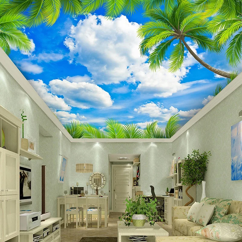 Custom Green Leaves Blue Sky White Clouds Zenith Ceiling 3D Fresco Modern Bedroom Living Room Ceiling Decoration Mural Wallpaper