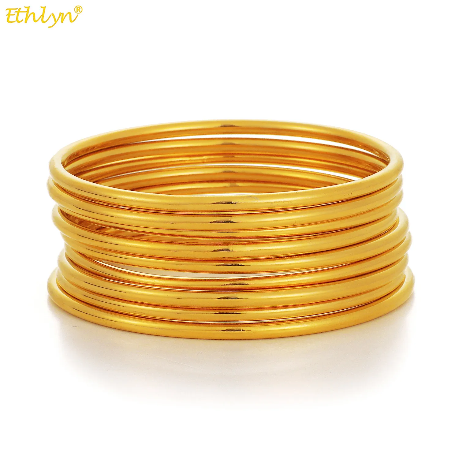 

Ethlyn 9pcs/lot Fashion Simple Wedding Bride Bangle Jewelry Dubai Gold Color Gold Glossy Bracelet for Women MY126