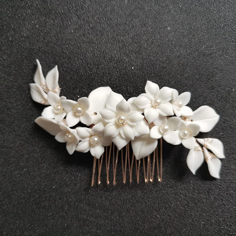 SLBRIDAL Handmade Crystal Rhinestone Pearls Ceramic Flower Bridal Hair Comb Wedding Hair Accessories Bridesmaids Women Jewelry