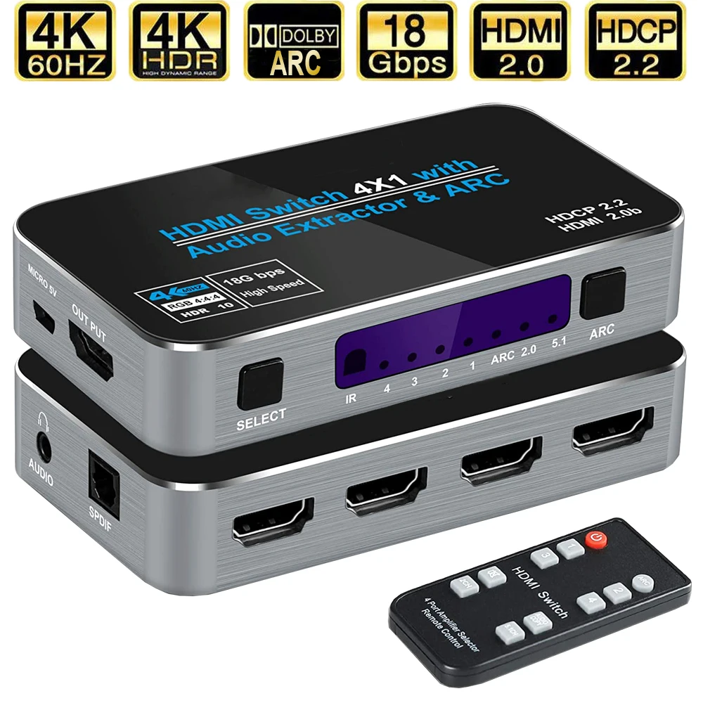Mini 4x1 4K przełącznik HDMI Audio z łukiem i optycznym przełącznikiem Toslink HDMI 2.0 4K 60Hz pilot przełącznik HDMI er do Apple TV PS4