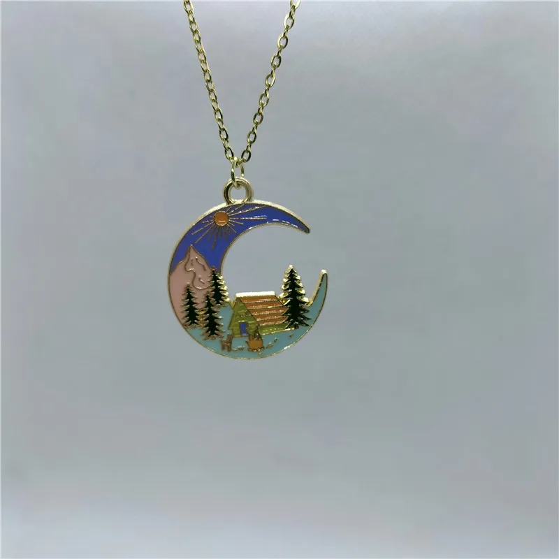 Yungqi Fashion Moon Necklace Enamel Charm Collar Tree Mountain House Landscape Pendant Choker for Women Girl Boho Chain Jewelry