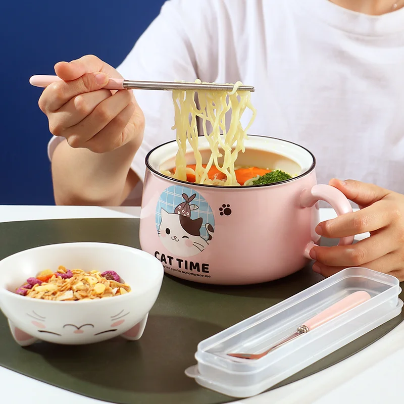 Creativity High Capacity Spoon with Lid Ceramics Instant Noodle Bowl Young Girl Dorm Room Student Office Super Large Bowl Mug