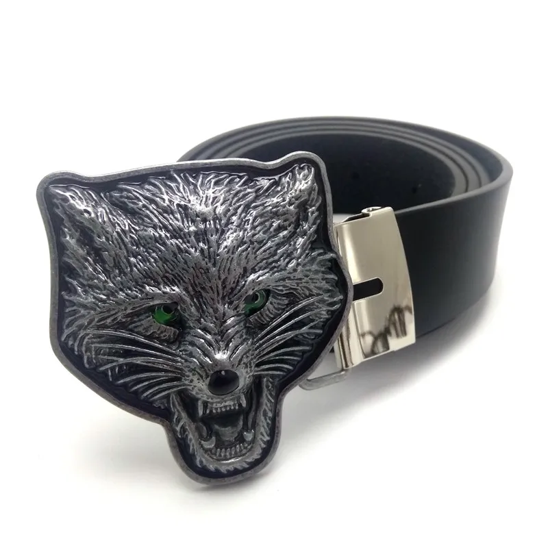 Mens Cool Black PU Leather Belt Animal 3D Wolf Head Metal Big Belt Buckle For Men Jeans Western Cowboy Cinto Masculino Plus Size