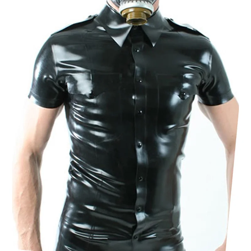 Black Sexy Latex Shirt Military Uniform With Buttons Front Pockets Turn Down Collar Rubber Top Clothes Clothings YF-0121