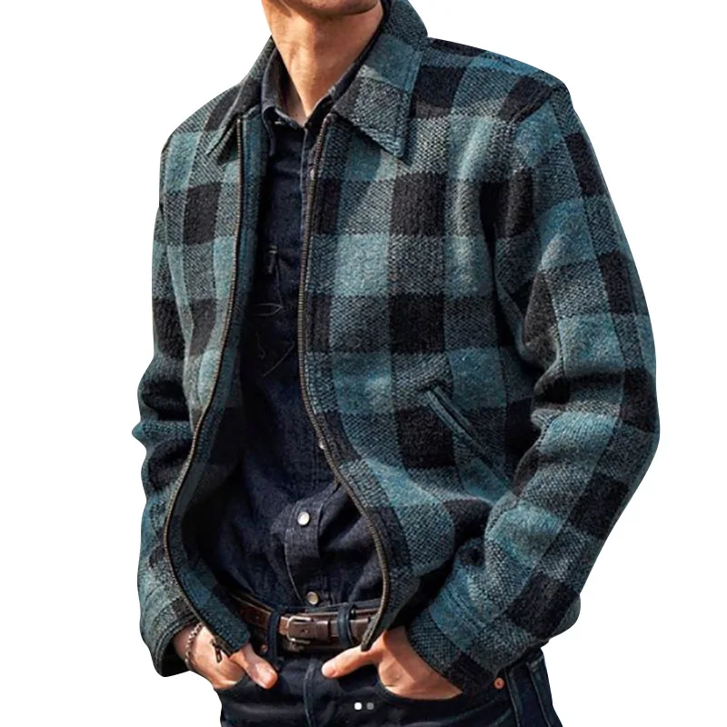 Fashion Men's Jacket Lapel Plaid Slim Fit Trend Coat Tops Male Autumn Winter Trendy Jackets Long Sleeves Plus Size Outwear 2021