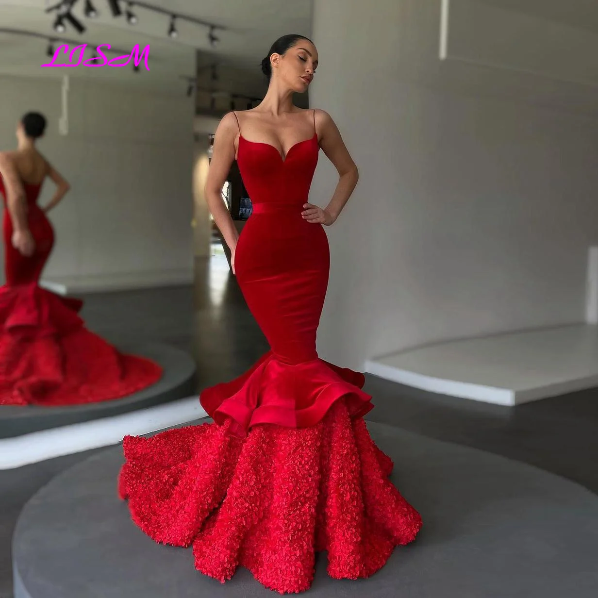 Vermelho elegante vestidos de noite sereia querida cinta de espaguete cetim babados varredura trem plus size feminino vestidos de festa de formatura