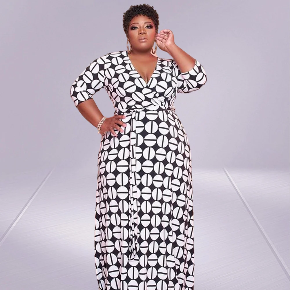 5xl 플러스 사이즈 드레스 여성 도매 Bodycon 스트레치 프린트 드레스 벨트 전체 길이 긴 소매 드레스 패션 Dropshipping