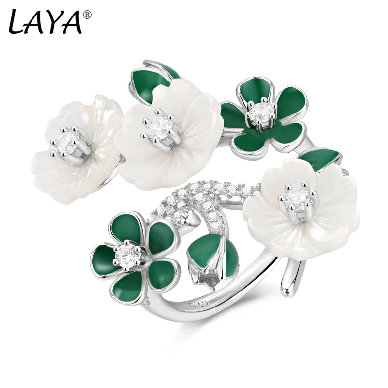 Laya High Quality Zircon Natural Shell Flower Green Leaf Enamel Ring For Women 925 Sterling Silver Original Jewelry 2022 Trend