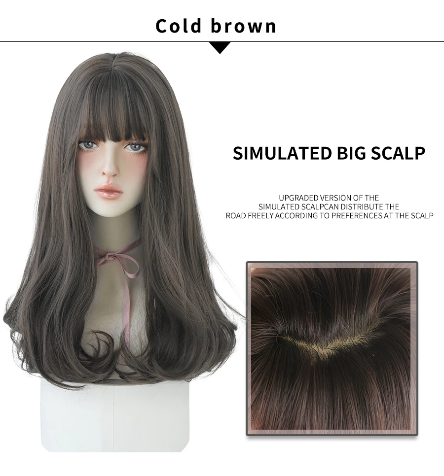 7JHHWIGS Long Wavy Synthetic Black Wigs For Women With Fringe Fashion Heat Resistant Mid-Length Daily Straight Light Brown Hair