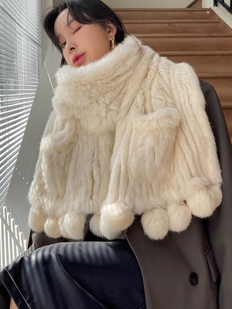 Large Real Rex Rabbit Fur Scarf Knitted Warm Wraps Winter Women Cape With Fur White Wedding Party Show Shawl