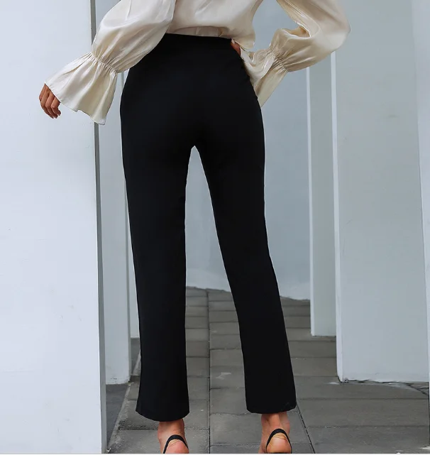 2022 pantaloni eleganti da donna Sexy a vita alta con spacco nero Slim autunno ufficio pantaloni Casual da donna pantaloni a fessura svasati neri