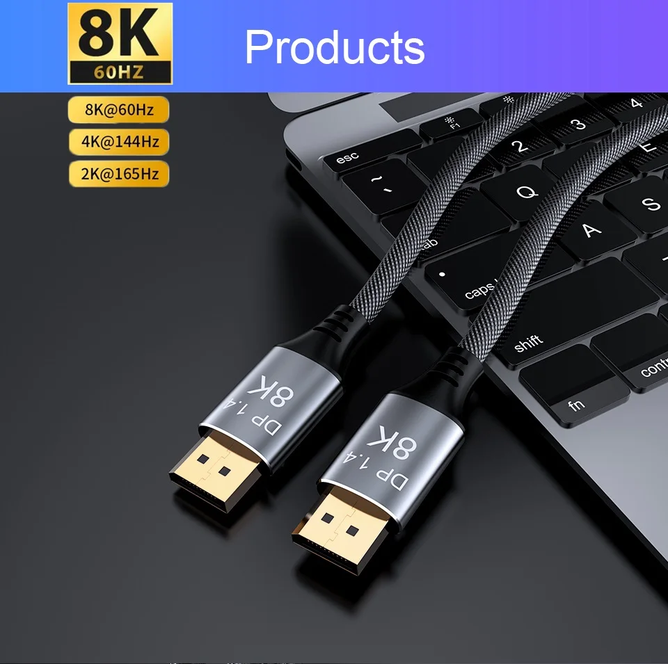 Displayport 1.4 8K Cable 0.5M-10M with Copper Cord DP 1.4 HBR3 8K@60Hz 4K@144Hz High Speed 32.4Gbps HDCP 3D Slim and Flexible