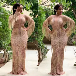 Gold Rhinestones Fringes Dress Stage Wear Big Stretch Dress Singer Evening Tassel Long Dress