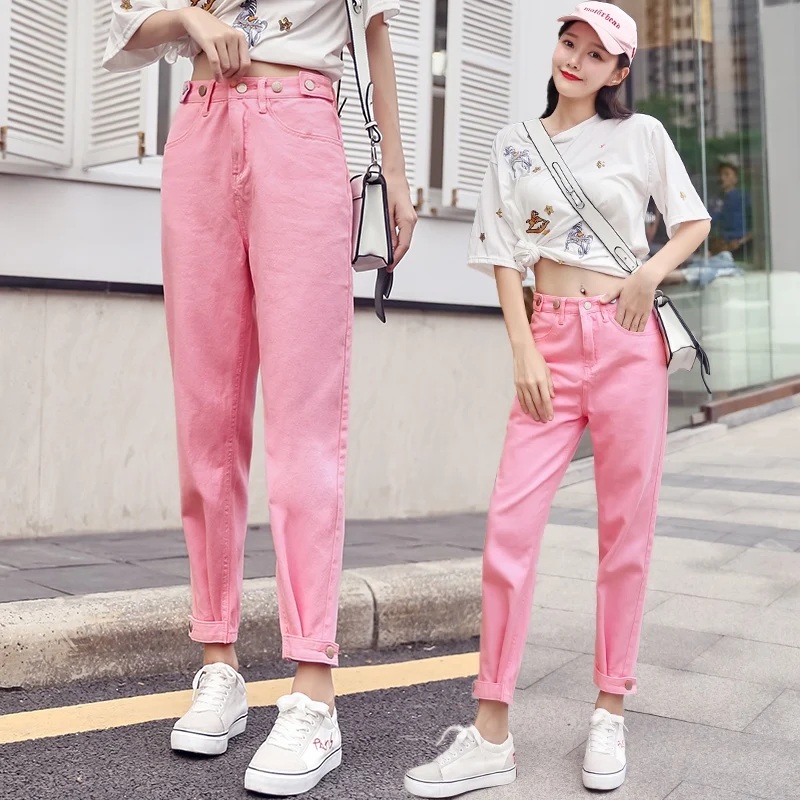 Spring Summer Trousers Pink New women denim jeans Casual Fashion All Matched pants denim Harem capris jeans Young Ladies NZ59