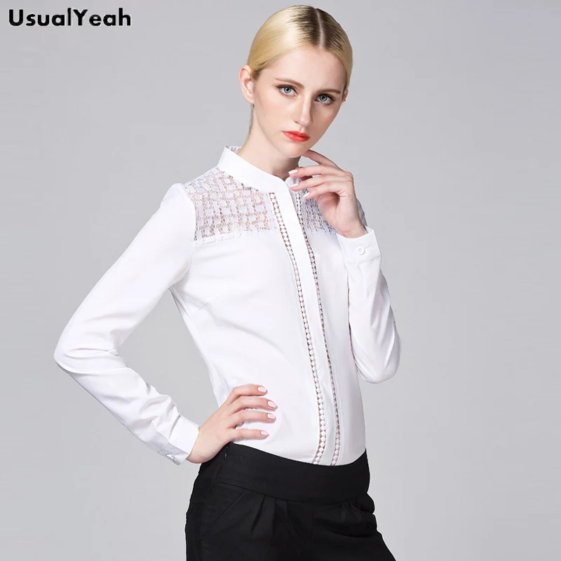 Baru Fashion Kantor Blus Wanita Berdiri Kerah Renda Patch Lengan Panjang Tubuh Kemeja Baju Monyet Tubuh Tops Blus Hollow Keluar Bodysuit putih