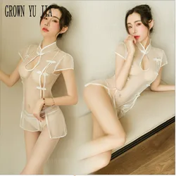 Costume de cosplay Cheongsam transparent, ensemble de tongs, uniforme de femme de chambre française porno, lingerie Qipao sexy, jupe chaude pour le sexe, 7.0