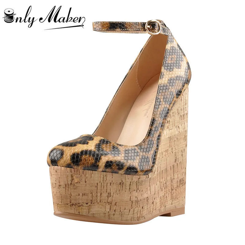 

Onlymaker Women Leopard Print Wedges Platform Sandals Round Toe Shoes Fashion Ankle Strap Pumps For Summer Plus Size Sandals