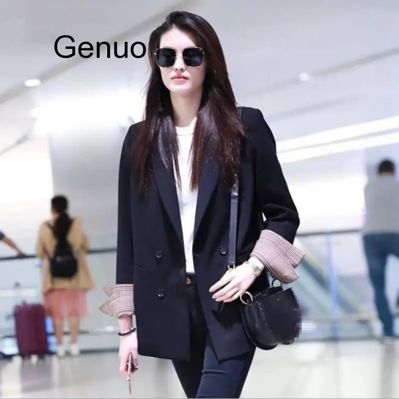 

Classic Double Breasted Solid Blazers Women Casual Long Blazer Jacket Office Lady Vintage Suits Coats Female Spring