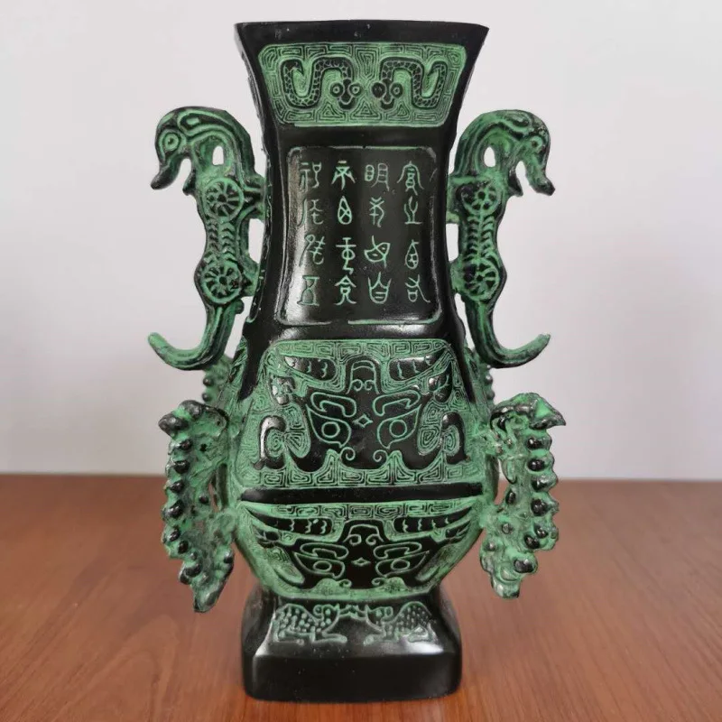 Antique collection bronze living room study ornaments Shuanglong Zunding antique do old bags old home decoration gifts.