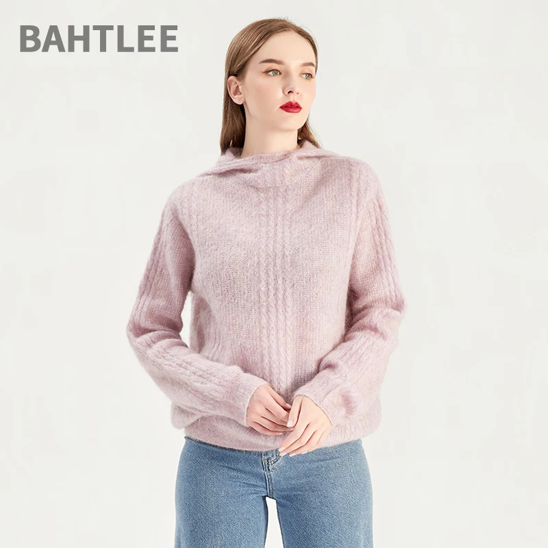 BAHTLEE-Women's Mohair Cap, O-Neck Sweater, Long Sleeves, Wool Knitted, Jacquard Weave, Jumper Hat, Loose Style, Spring, Autumn